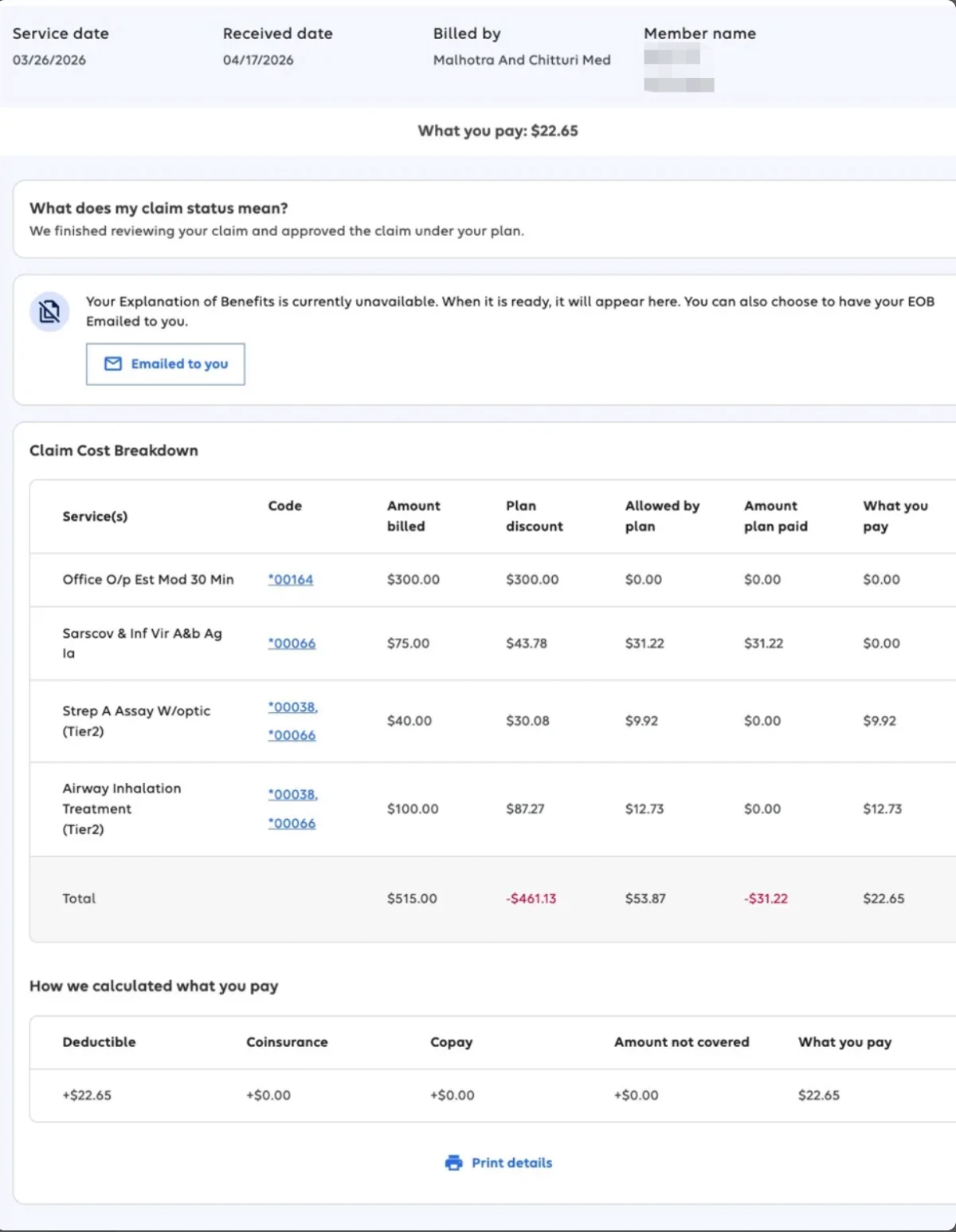 Claim cost breakdown: $515 billed, $22.65 out-of-pocket after plan discount and insurance